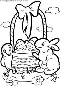 Free Printable easter basket, bunny, egg and chick coloring page