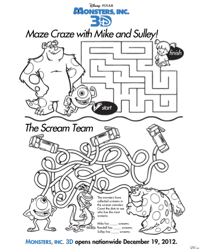Free Printable Monsters Inc 3D maze activity Sheet for kids
