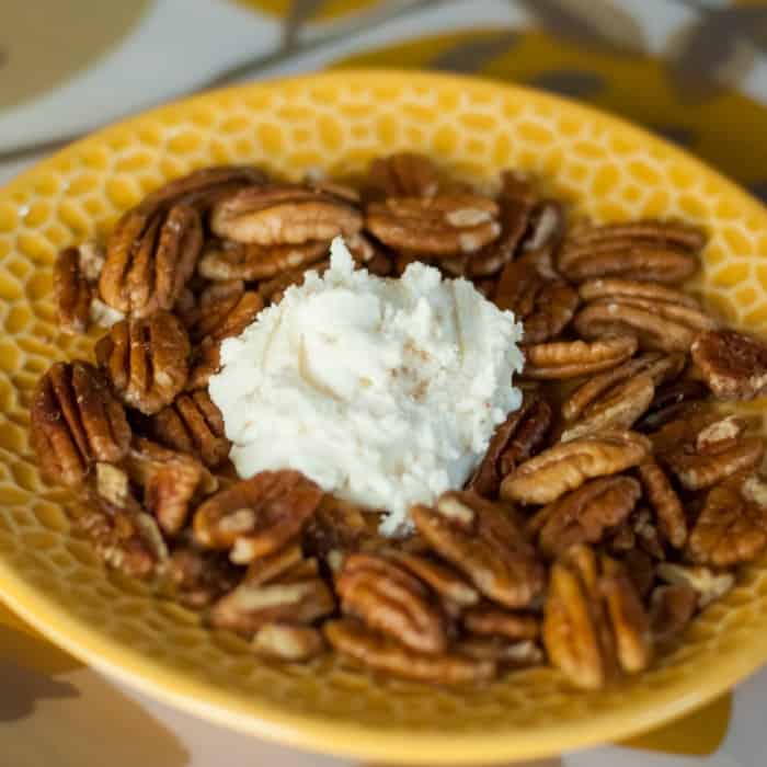 Gluten free snack honeyed goat cheese and toasted pecans