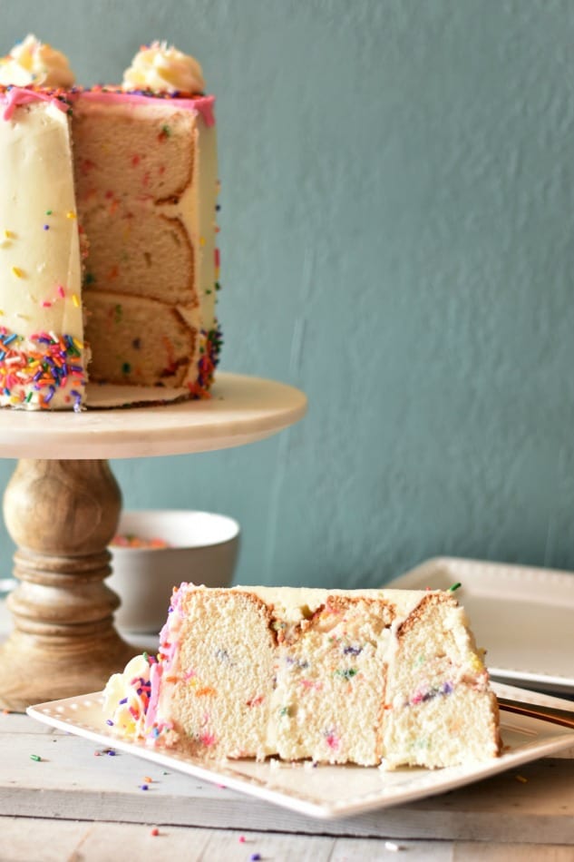 An elegant homemade funfetti cake in 3 layers