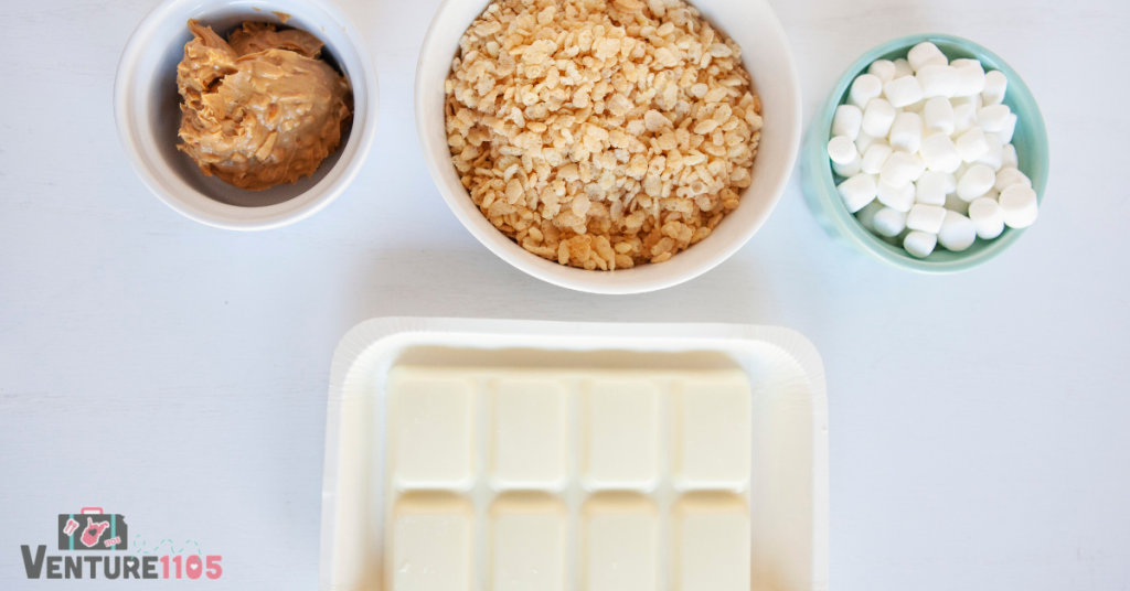 crunchy honey peanut butter, crispy rice cereal, mini marshmallows, and vanilla almond bark