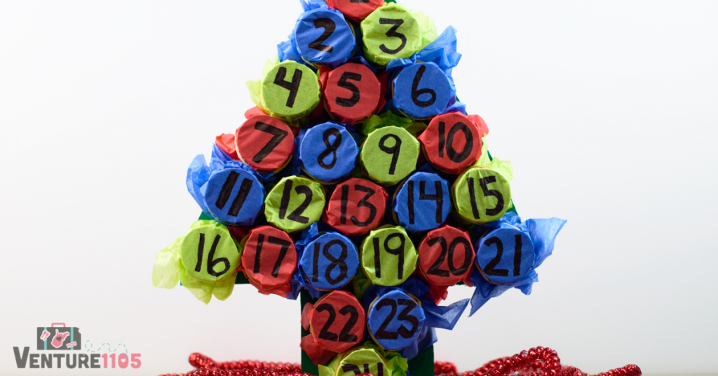 A homemade advent calendar out of tissue paper and cardboard rolls