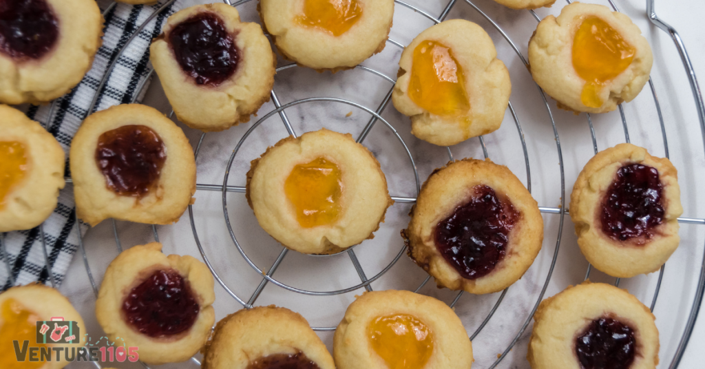 Thumbprint cookies on a cooling rack