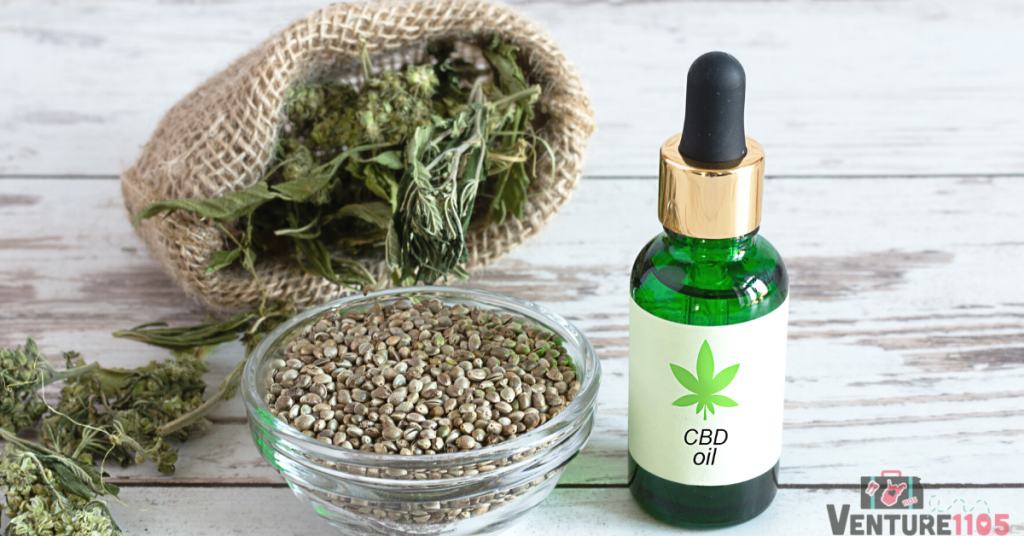 CBD oil, hemp seeds, and dried hemp