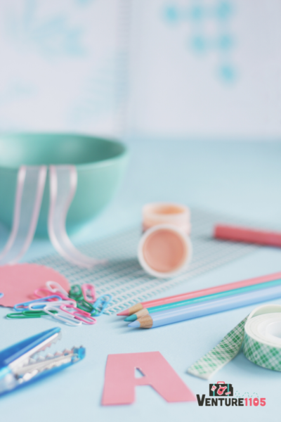 Craft Supplies on a blue table