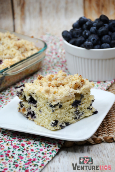 Maine Blueberry Sour Cream Coffee Cake On A White Plate