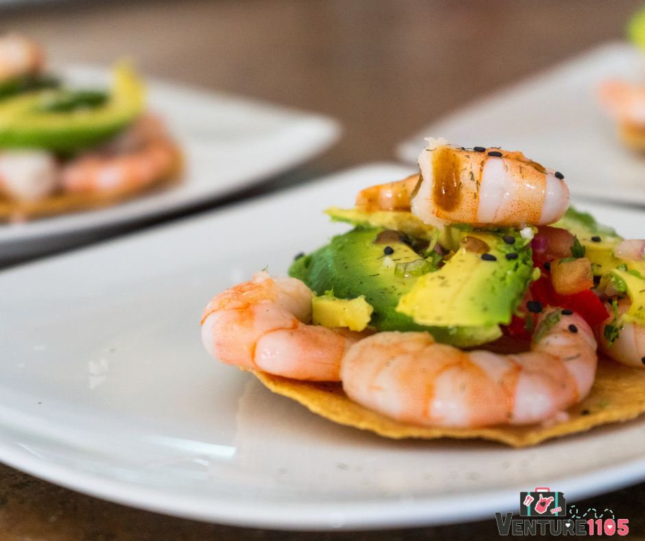 A shrimp tostada with avocado 