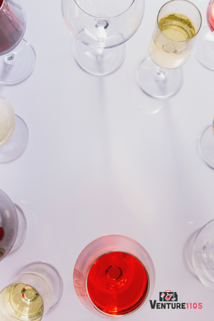 Different types of wine in wine glasses, all arranged in a circle 