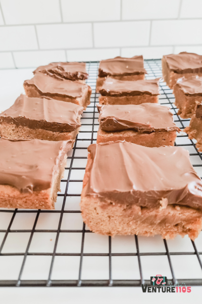 A vertical picture of pumpkin nutella dessert bars cooling on a wire rack
