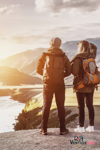 A couple looking at the mountains together
