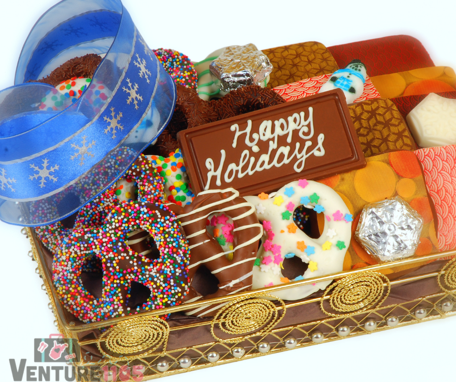 a gift basket of chocolate covered pretzels 