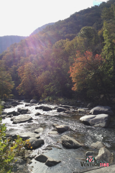 A river and mountains in the fall