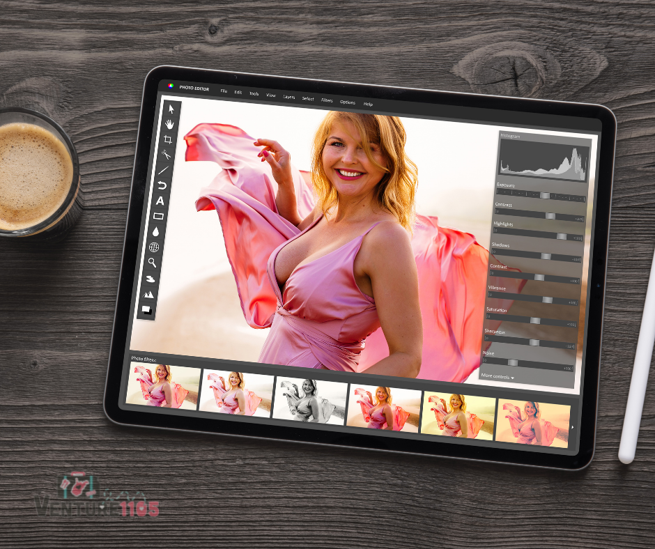 A photo editor on a tablet editing a picture of a girl in a pink dress