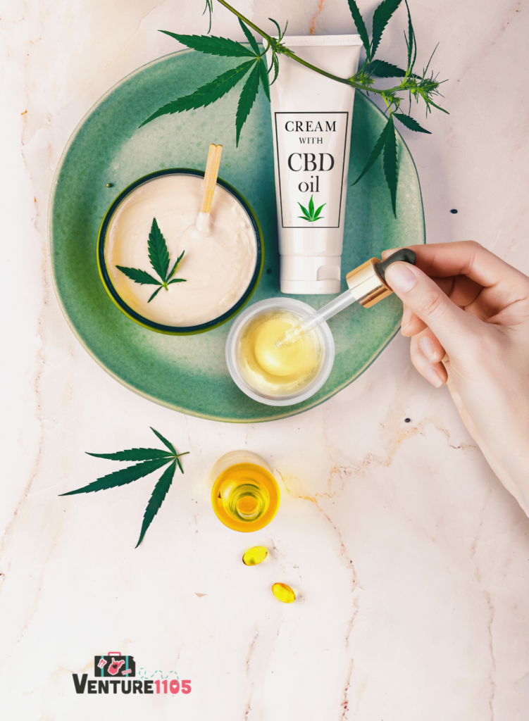 A green plate with CBD cream and CBD oil on it 