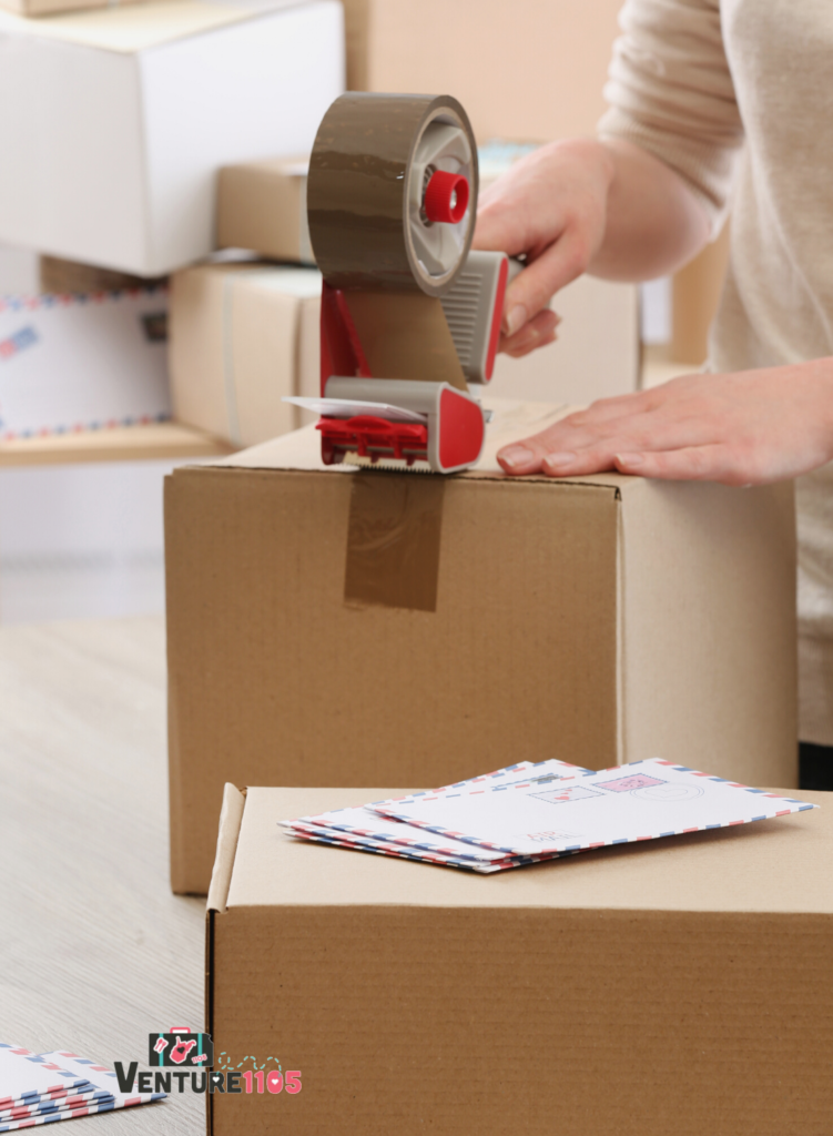 A woman packing a box with packing tape