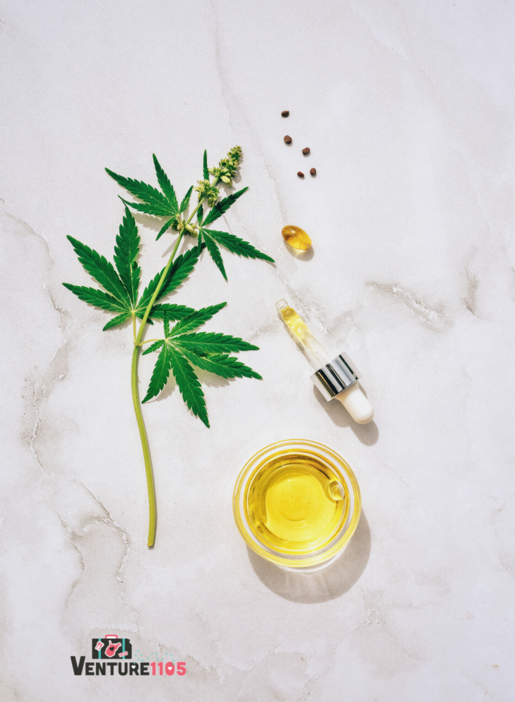 An overhead view of CBD Oil, a dropper, and a marijuana leaf