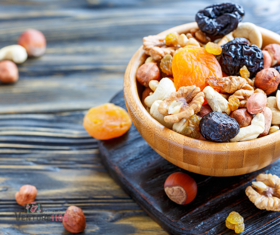 Fruit and nut mix in a wood bowl 