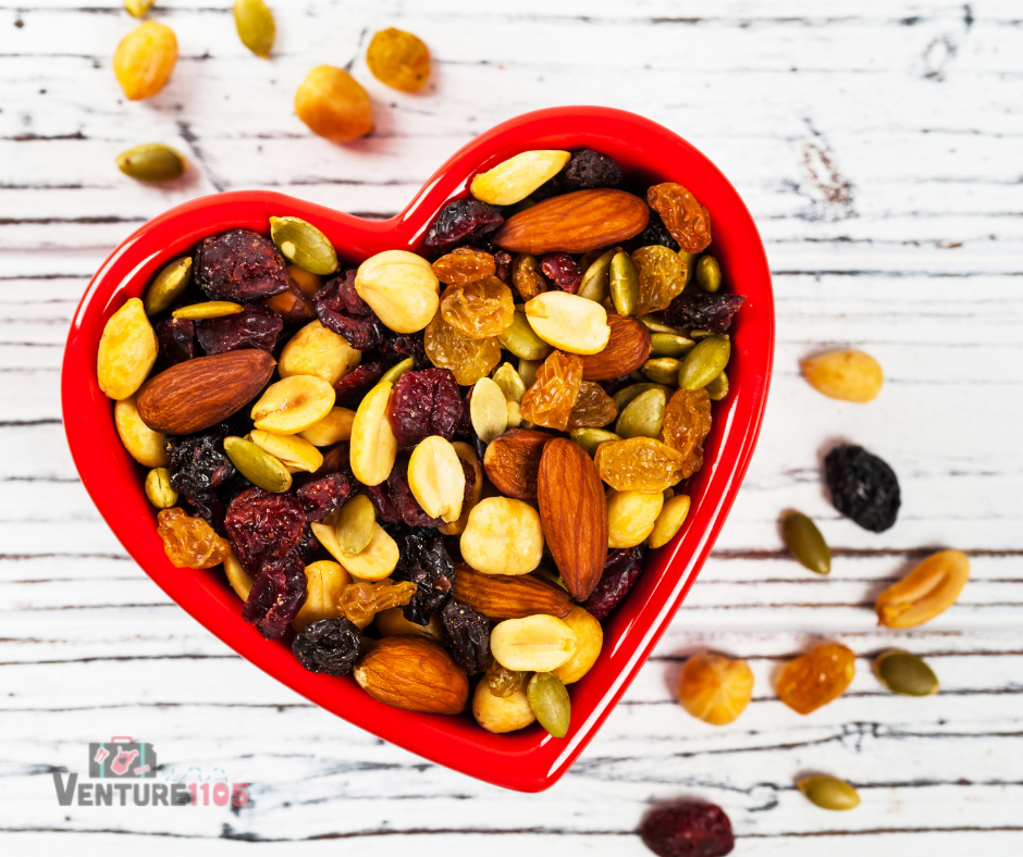 Gluten-free trail mix in a heart-shaped bowl 