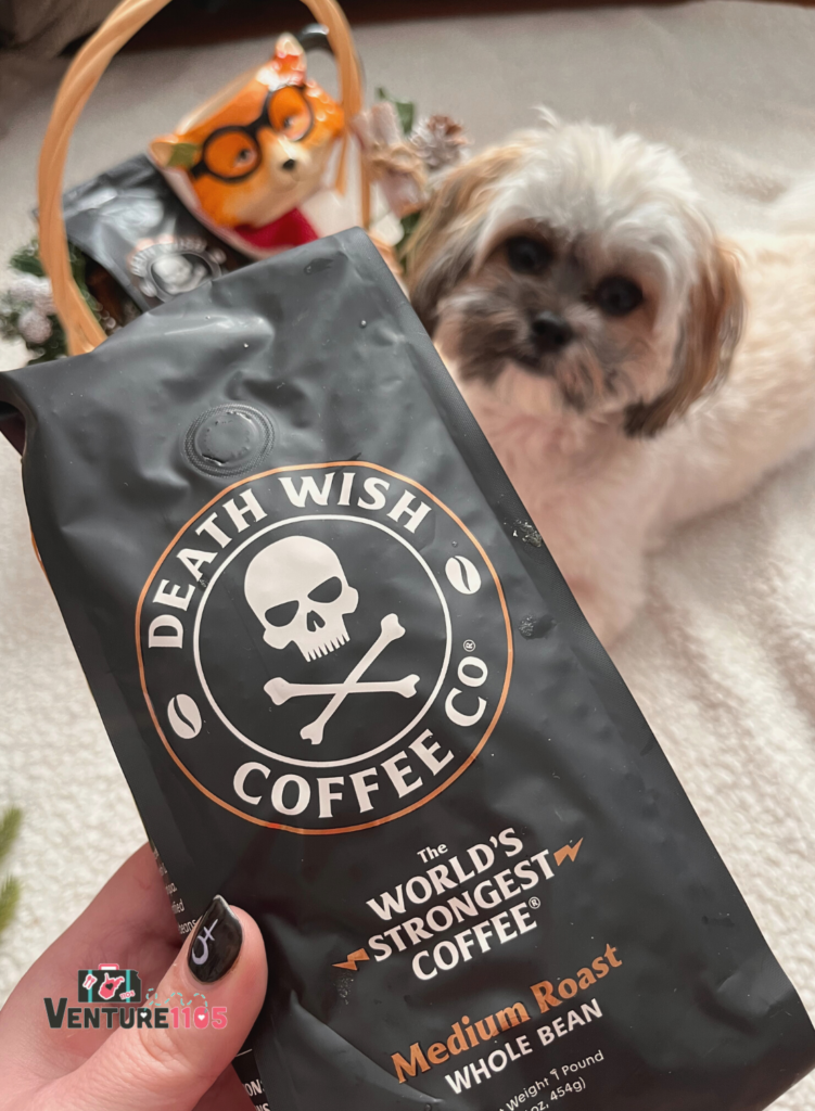 Holding a bag of Death Wish Coffee in front of a cute dog