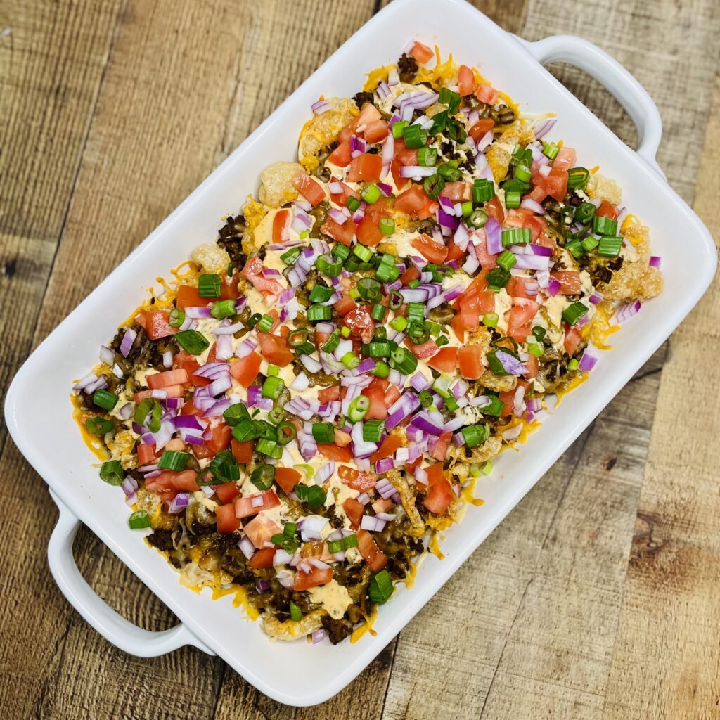 Keto Nachos On a white serving dish 