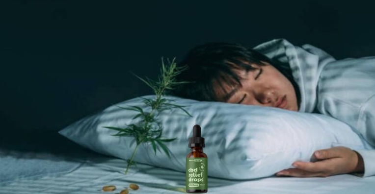 A woman sleeping next to a bottle of CBD relief drops 