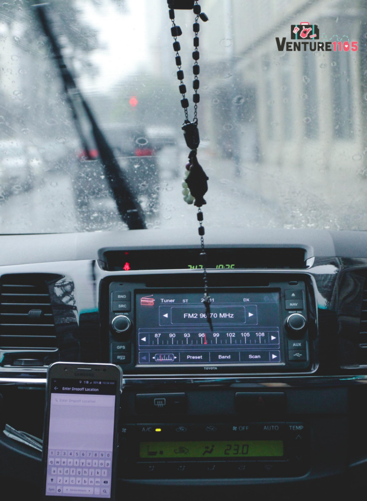 View from a windshield while driving in the rain 