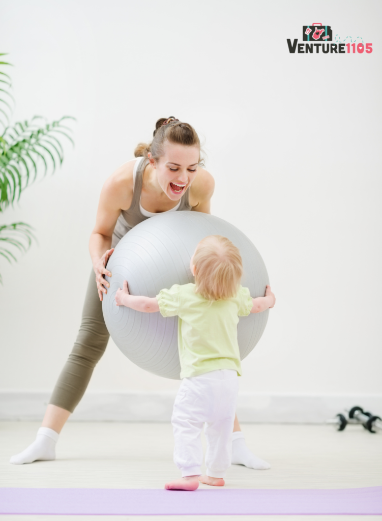 A mom trying to exercise while her child gives her an exercise ball